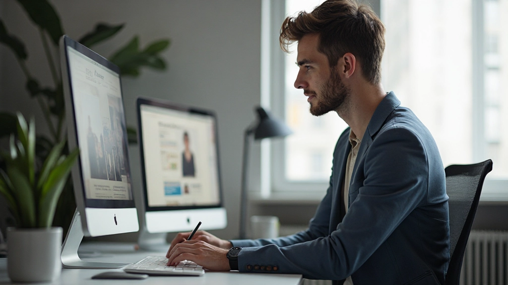 Designer werkt aan website mockup op grote monitor in modern kantoor